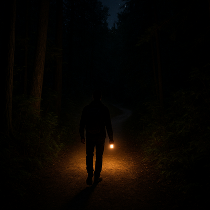 an image of a person, walking along a nature path in the dark, with this Light Pal product LED light shining the way